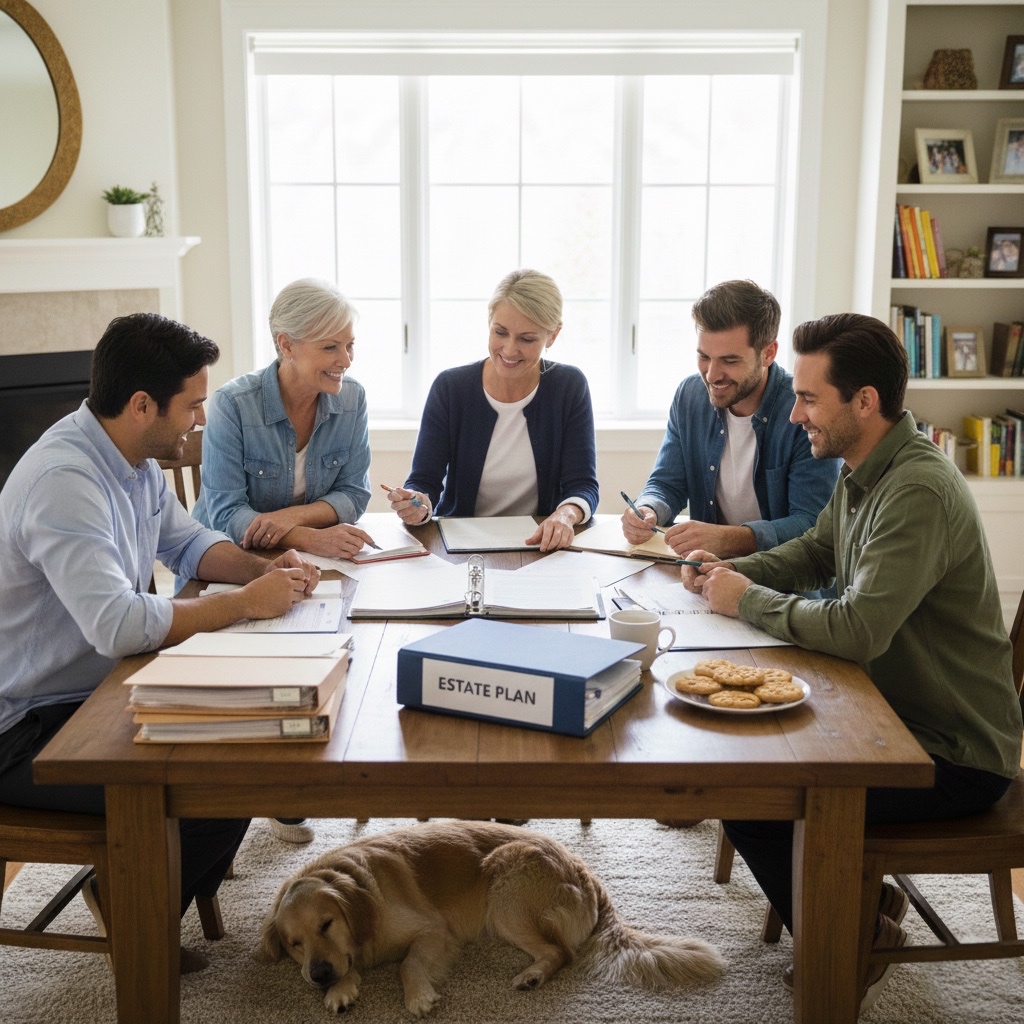 Family reviewing estate planning documents to make an estate plan easier for loved ones to follow.