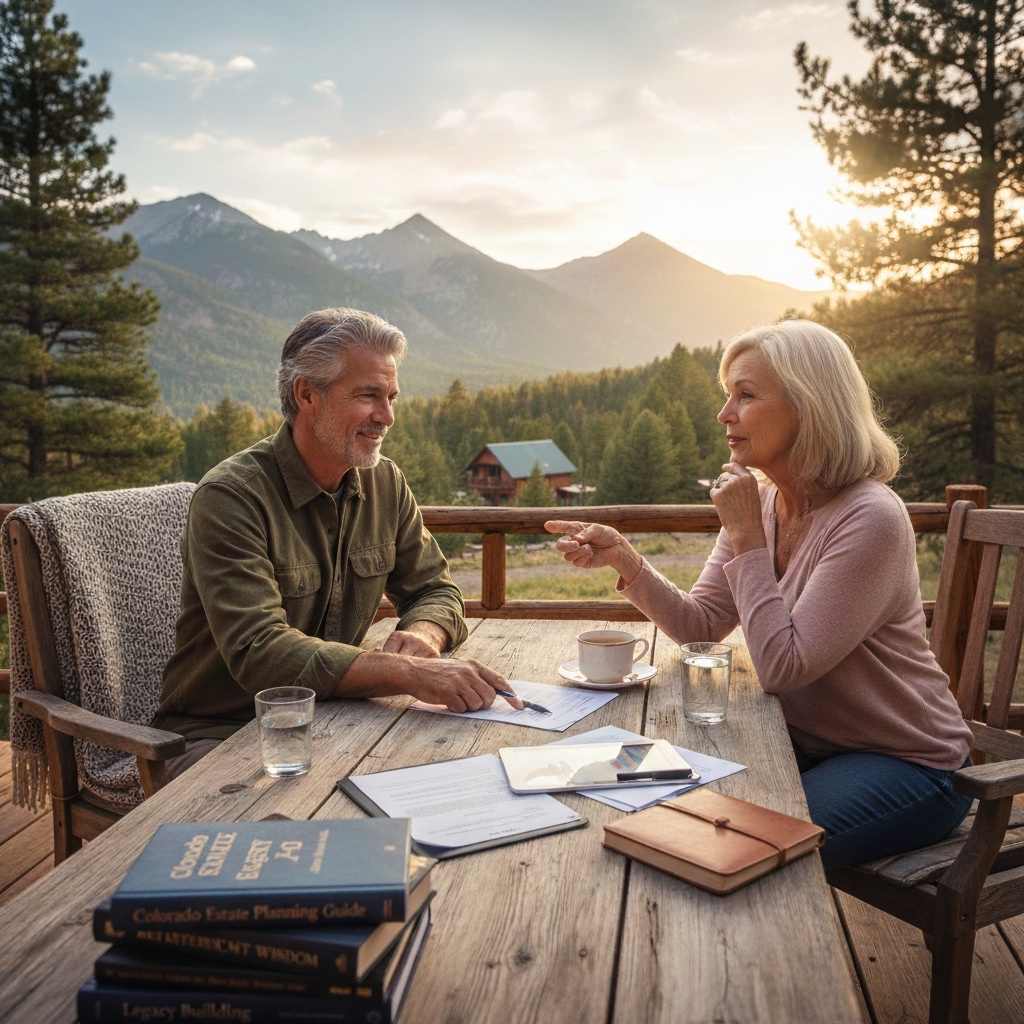 Husband and wife reviewing estate planning materials outdoors in Colorado