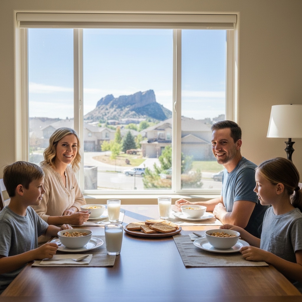 Smiling family gathered around a kitchen table with Colorado mountains in the background, representing Castle Rock estate planning.