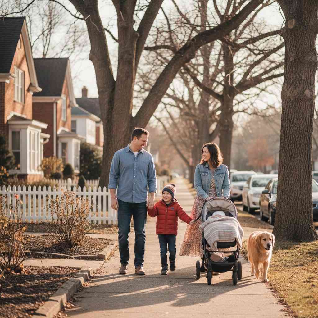 Young family walking in a Colorado Springs neighborhood