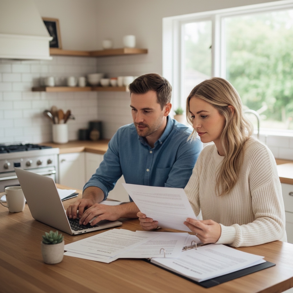 Couple reviewing living trust documents at home in Castle Rock