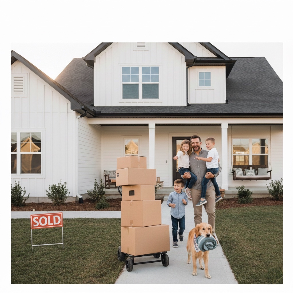 Family standing outside a new home with moving boxes after major life changes