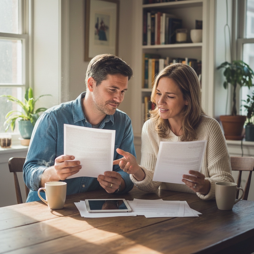 Couple reviewing wills vs living trust options at home