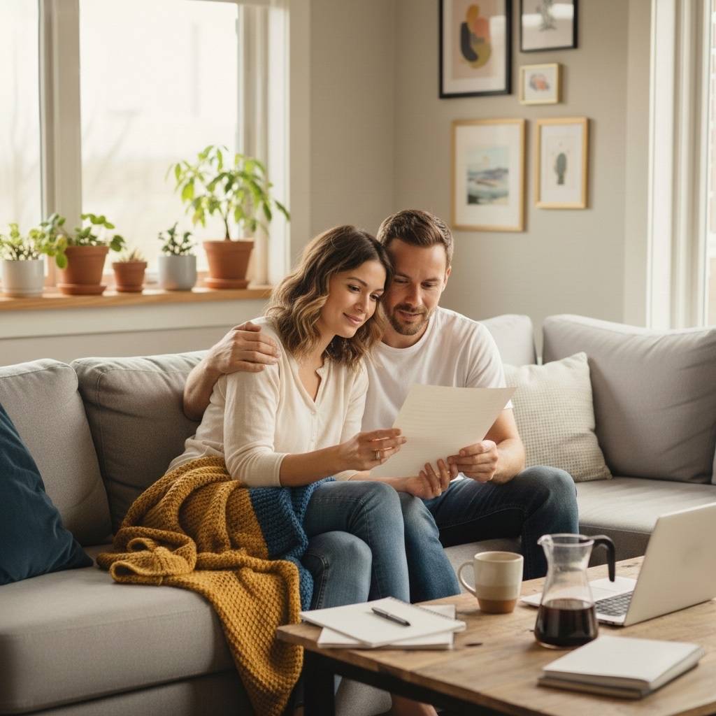 Married couple reviewing a document in their living room while discussing their living trust