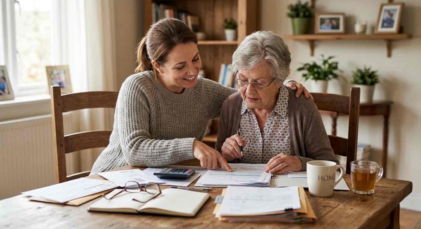 Adult child reviewing documents with parent during estate planning discussion
