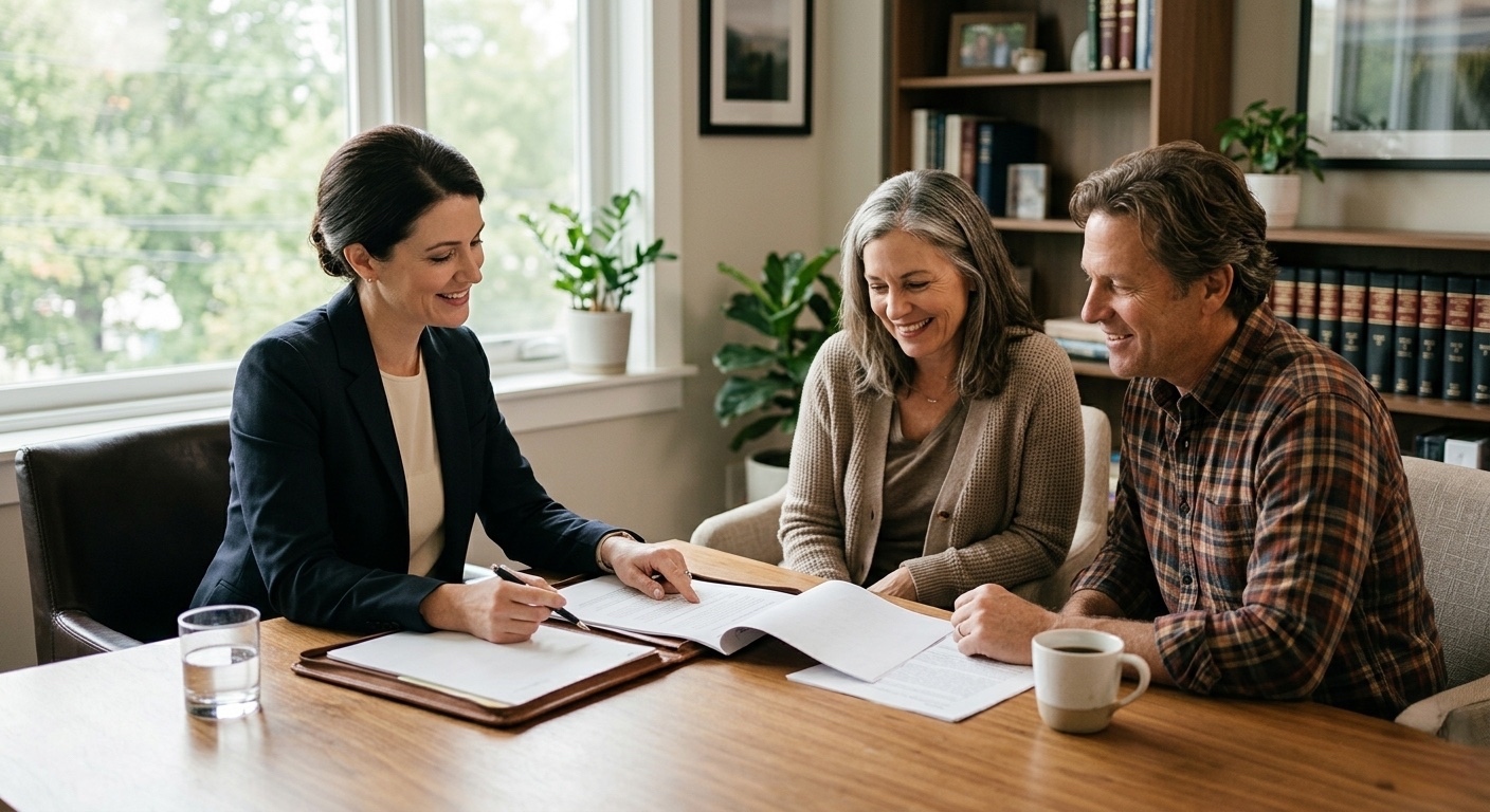 Couple reviewing wills and trusts documents for estate planning in Castle Rock