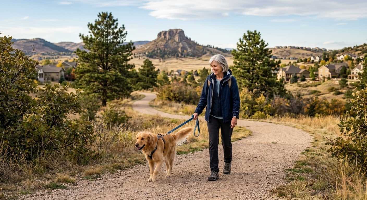 Older woman walking her dog in Castle Rock, Colorado as part of pet estate planning preparations