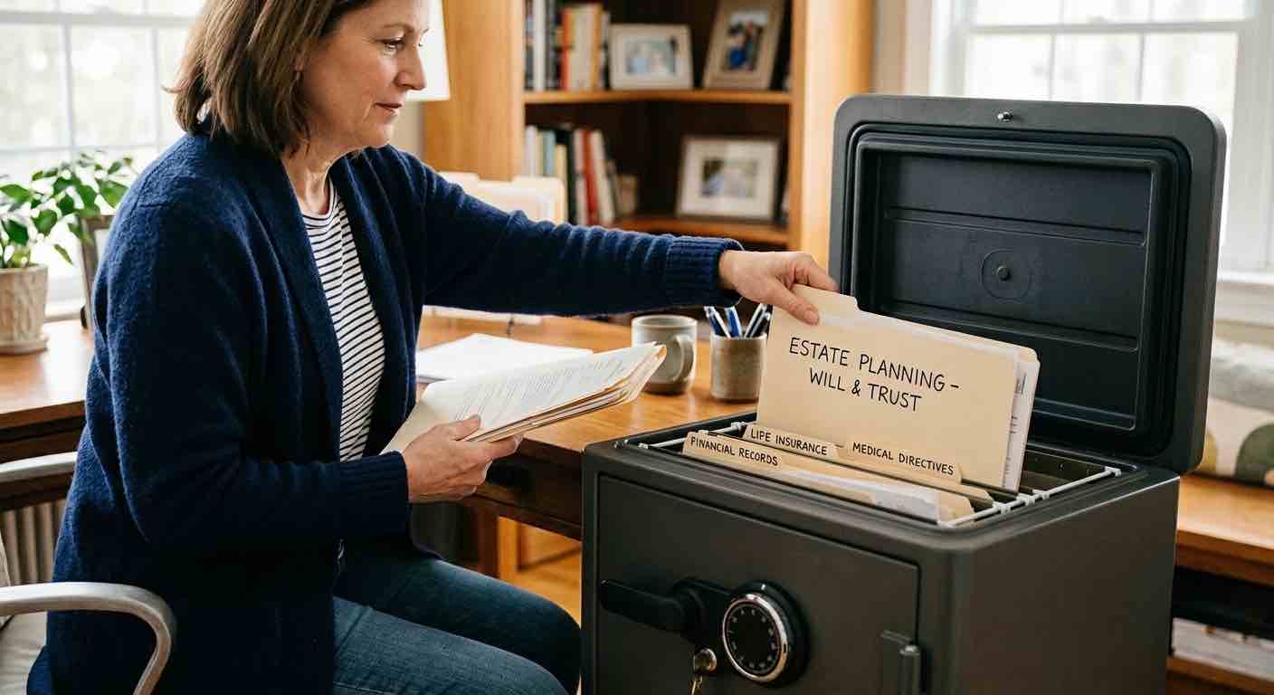 Woman organizing estate planning documents in a filing box while preparing pour-over wills and trust paperwork.