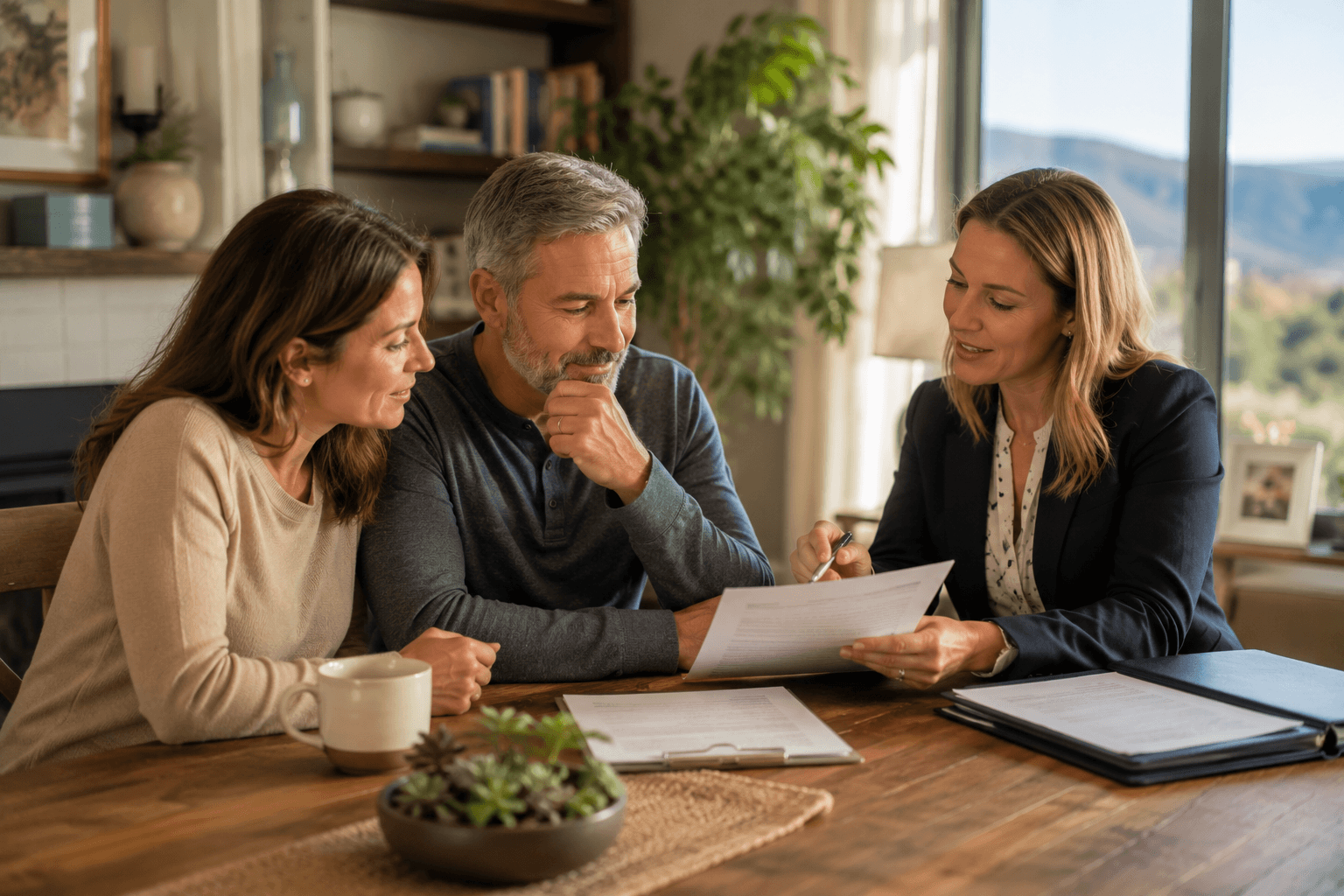An image of a middle aged couple reviewing documents at a desk with an attorney