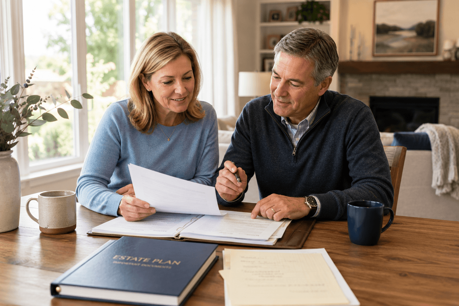 A middle aged couple sits at a table reviewing estate plan documents