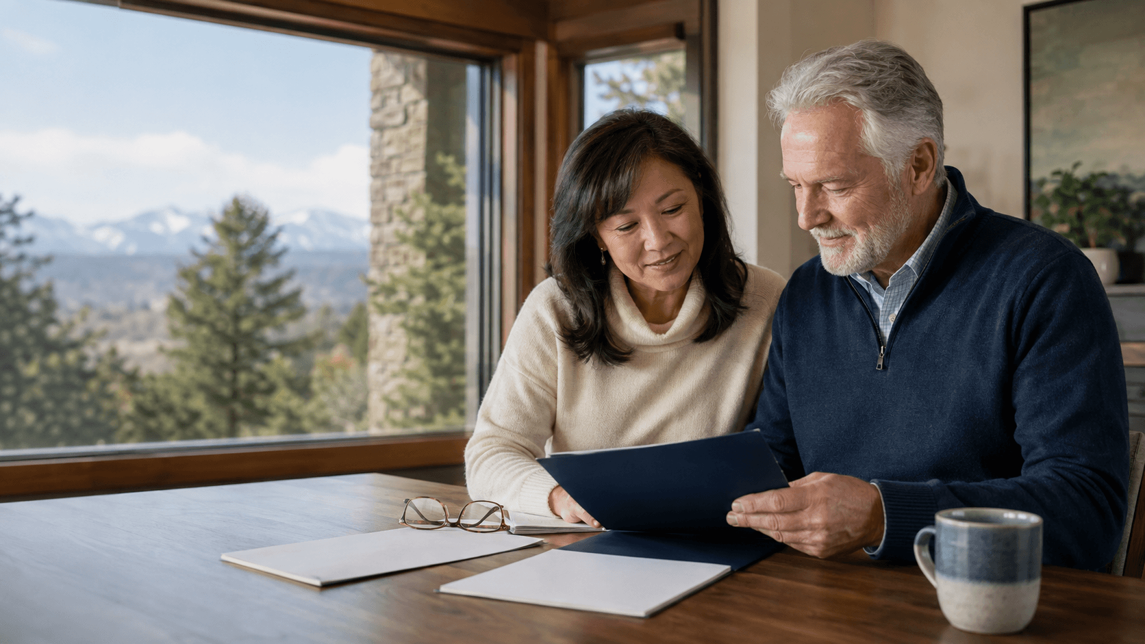 Retired couple reviewing estate-planning documents at their home in Monument, Colorado.