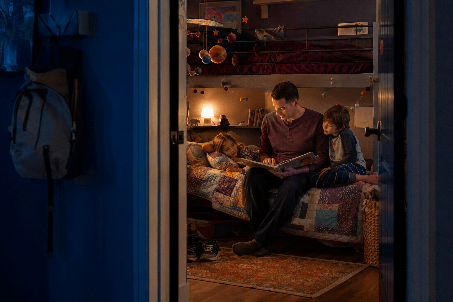 Single father reading to his two children at bedtime in their Colorado home.