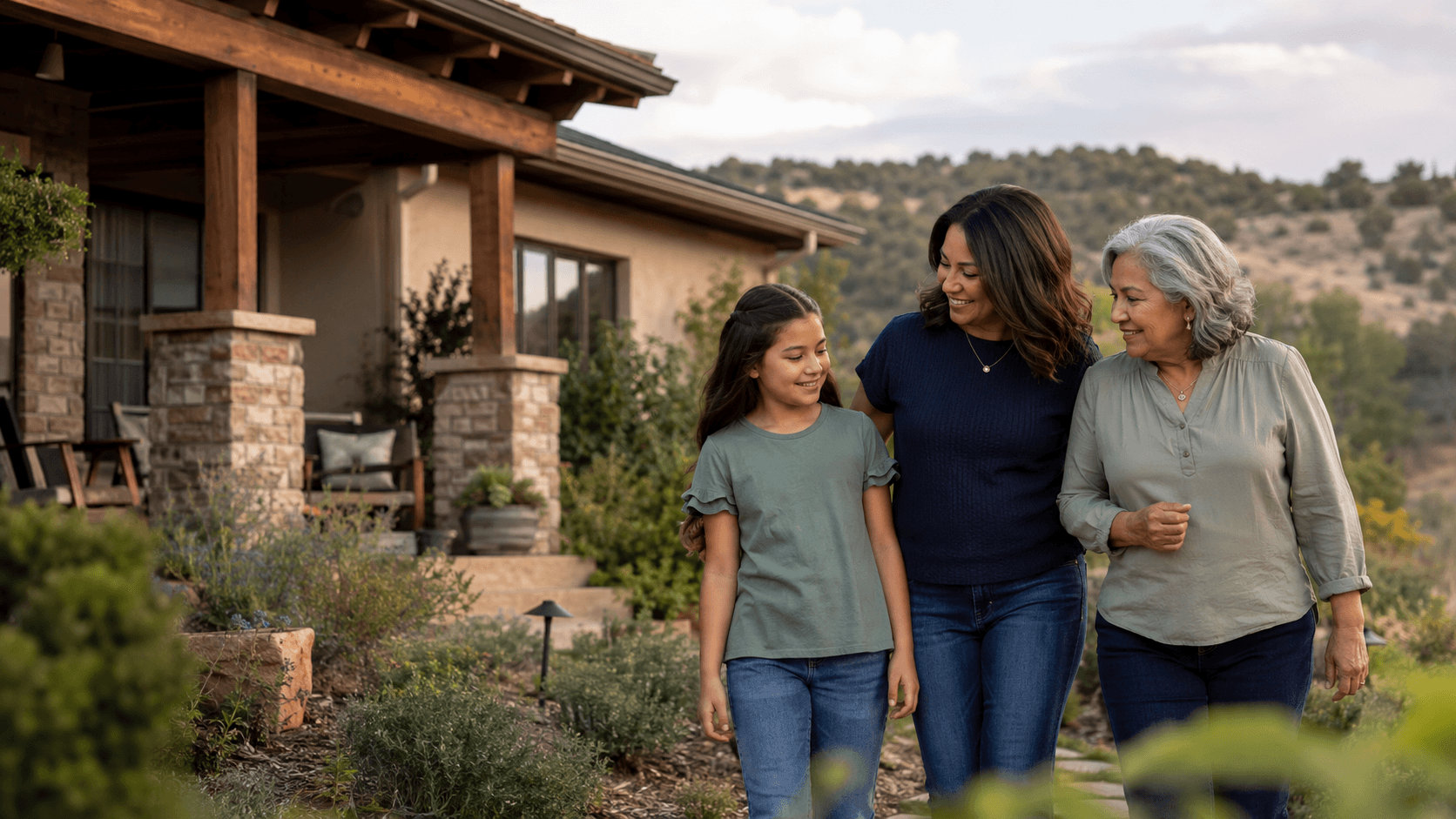An image of three generations of women in a family walking outside together