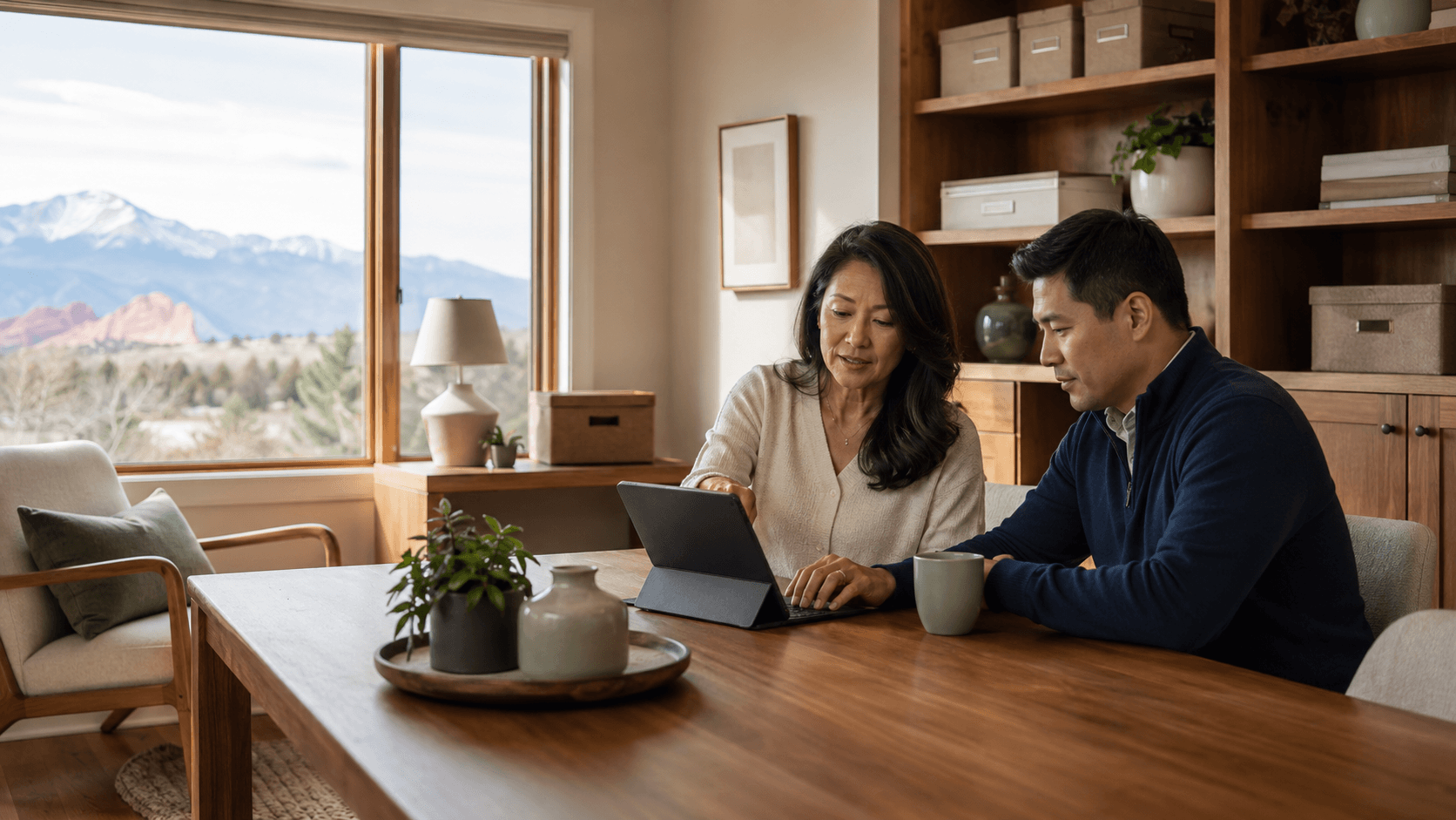 An image of a person sitting at the table with their trustee looking at a computer.