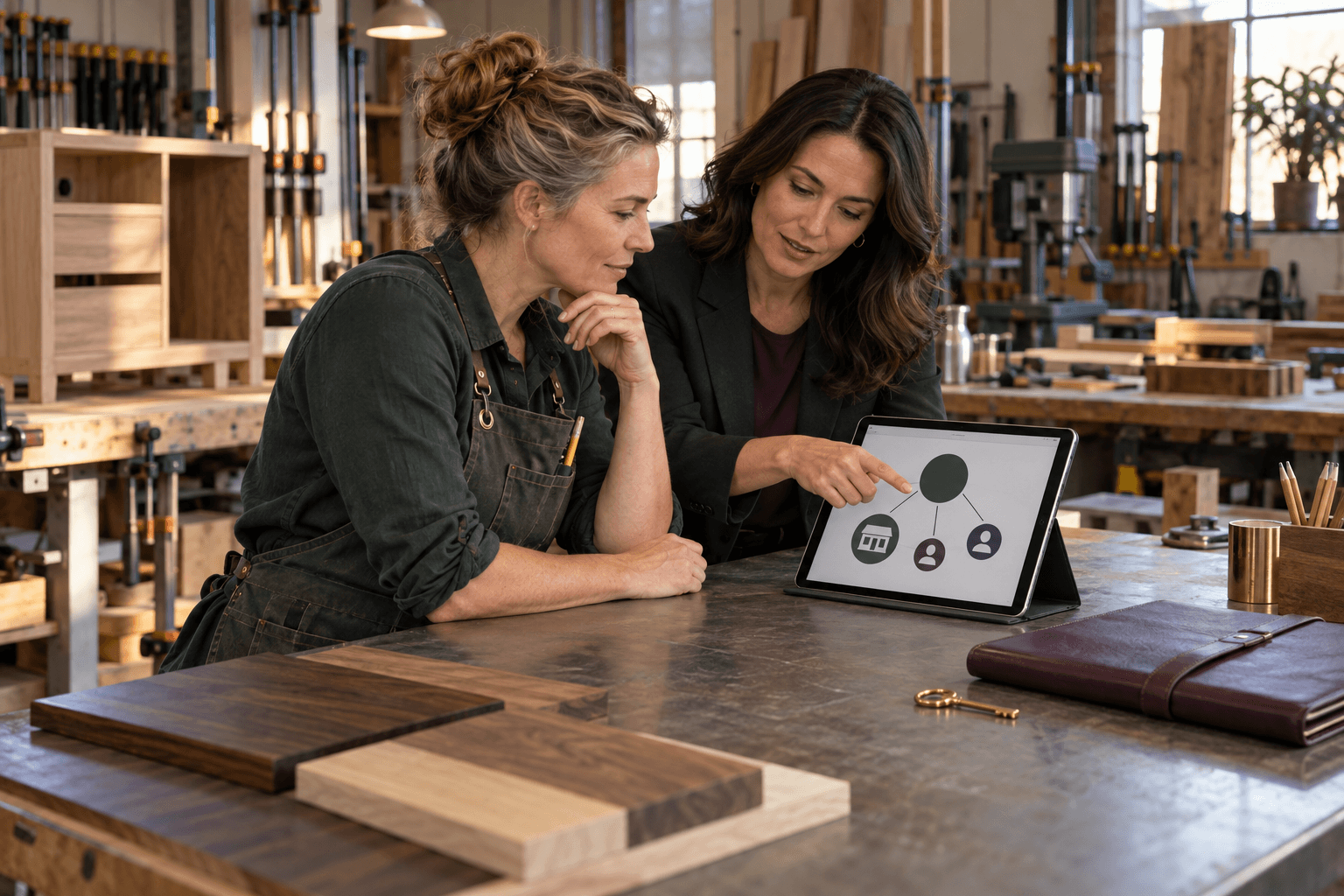 Small-business owner and advisor reviewing a trust ownership diagram inside a custom woodworking studio.