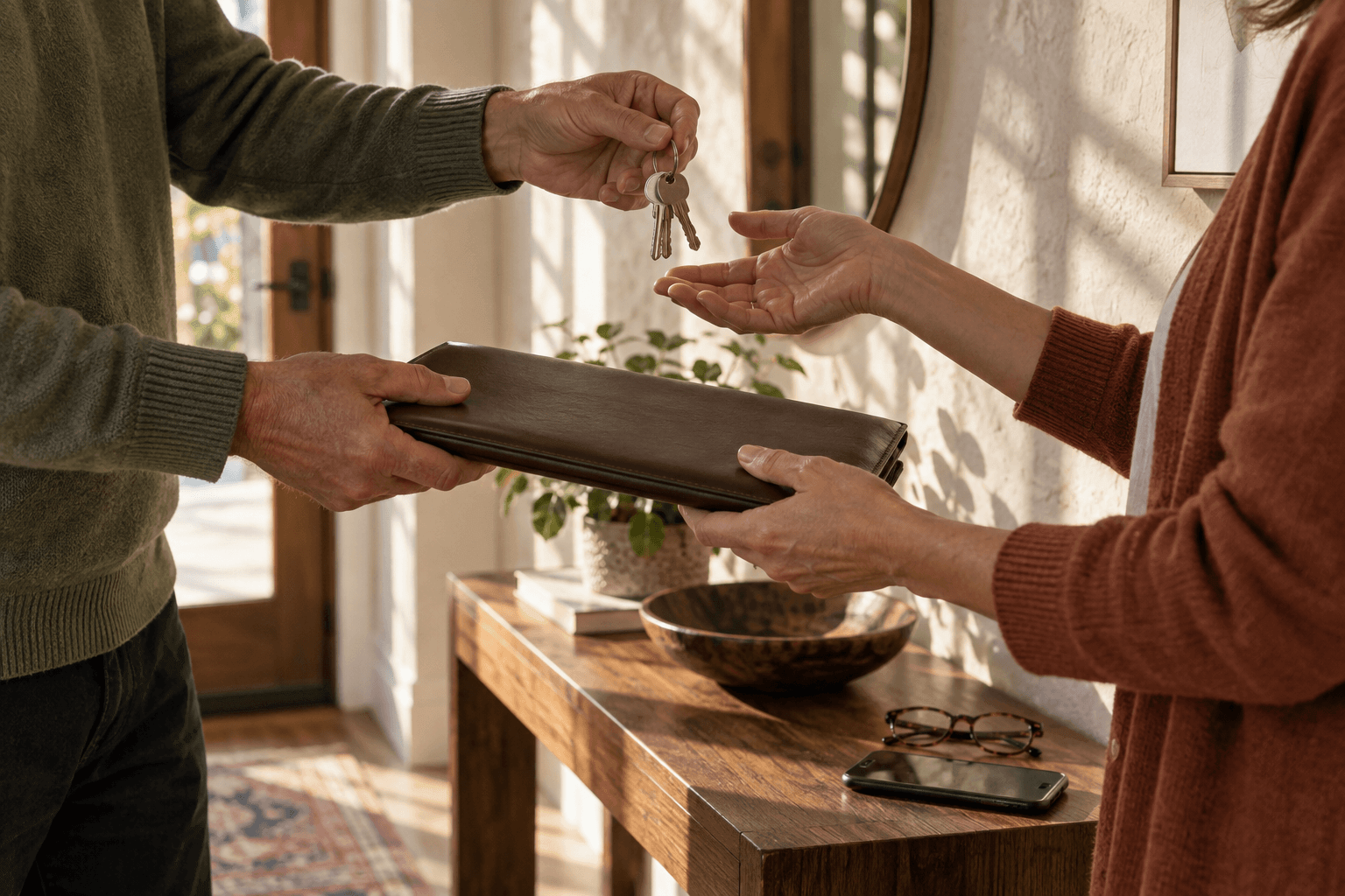 Two adults exchanging house keys and an estate-planning folder to prepare for future financial and healthcare decisions.
