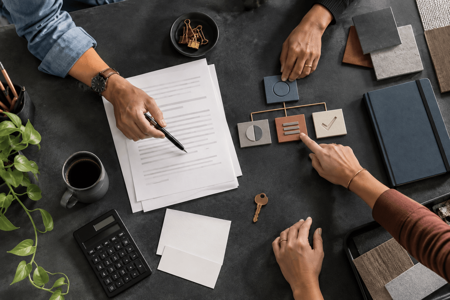 Small-business owners reviewing an LLC operating agreement and organizing company decision-making responsibilities.