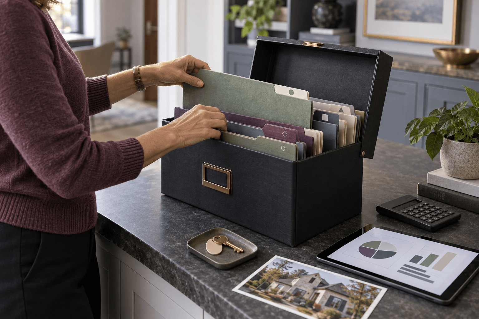 Successor trustee organizing property, financial, and beneficiary records in a color-coded trust administration file.