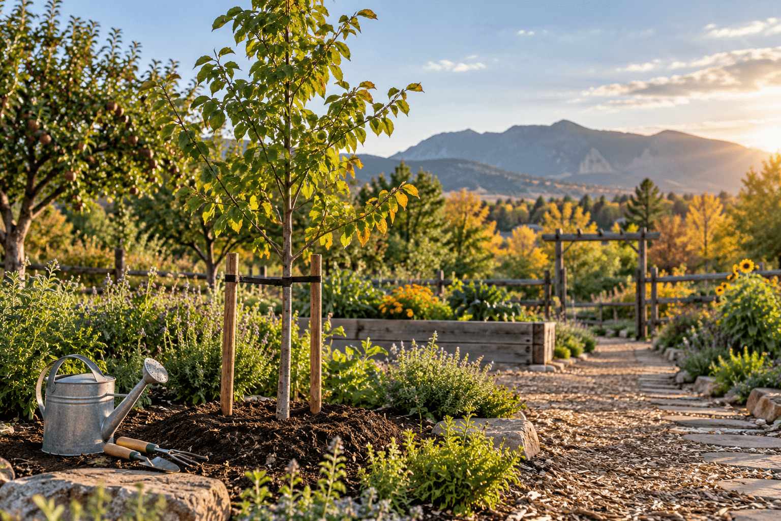 Newly planted tree in a Colorado community garden representing a charitable gift made through an estate plan.