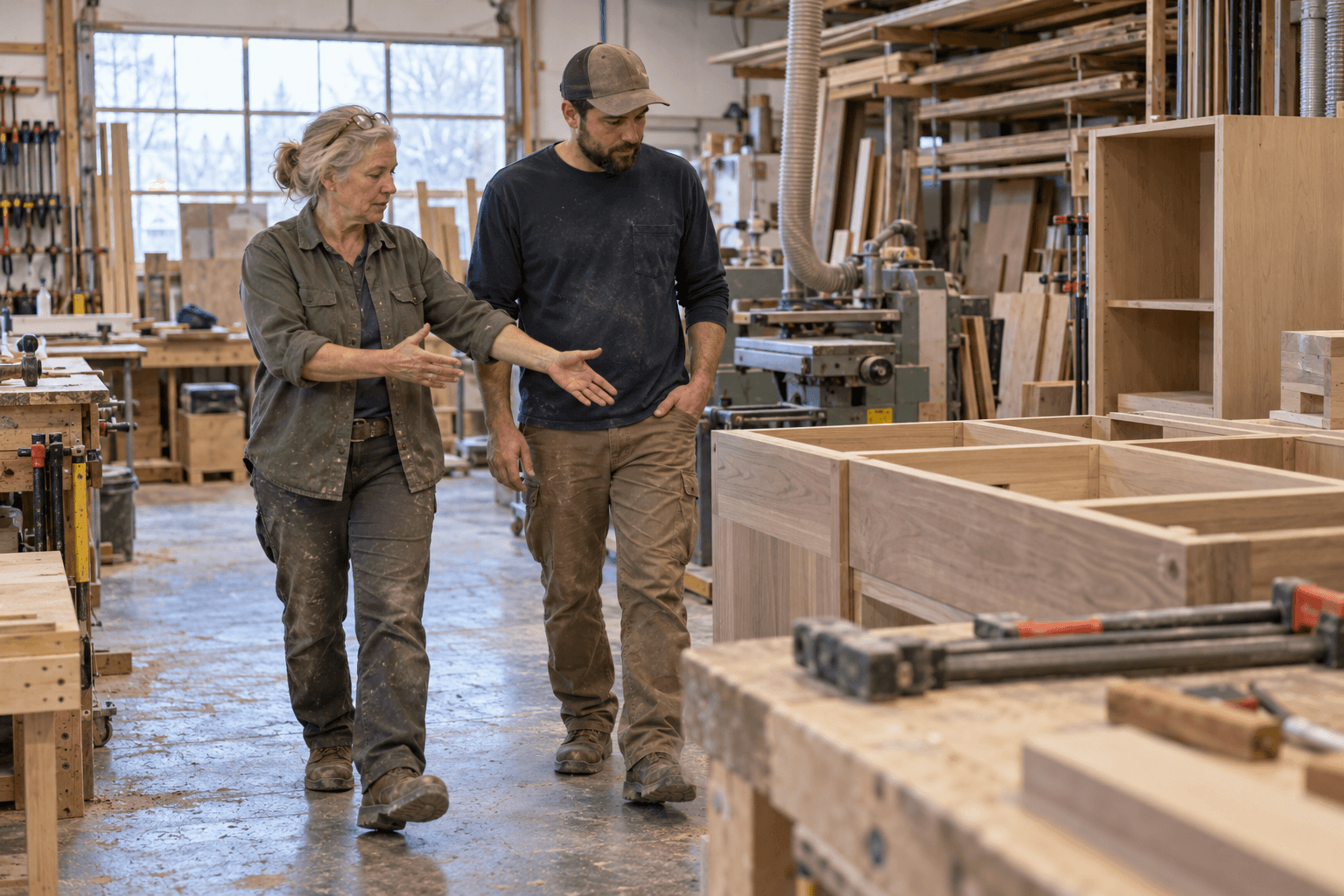 Experienced Colorado business owner training a potential successor inside a working cabinetry shop.
