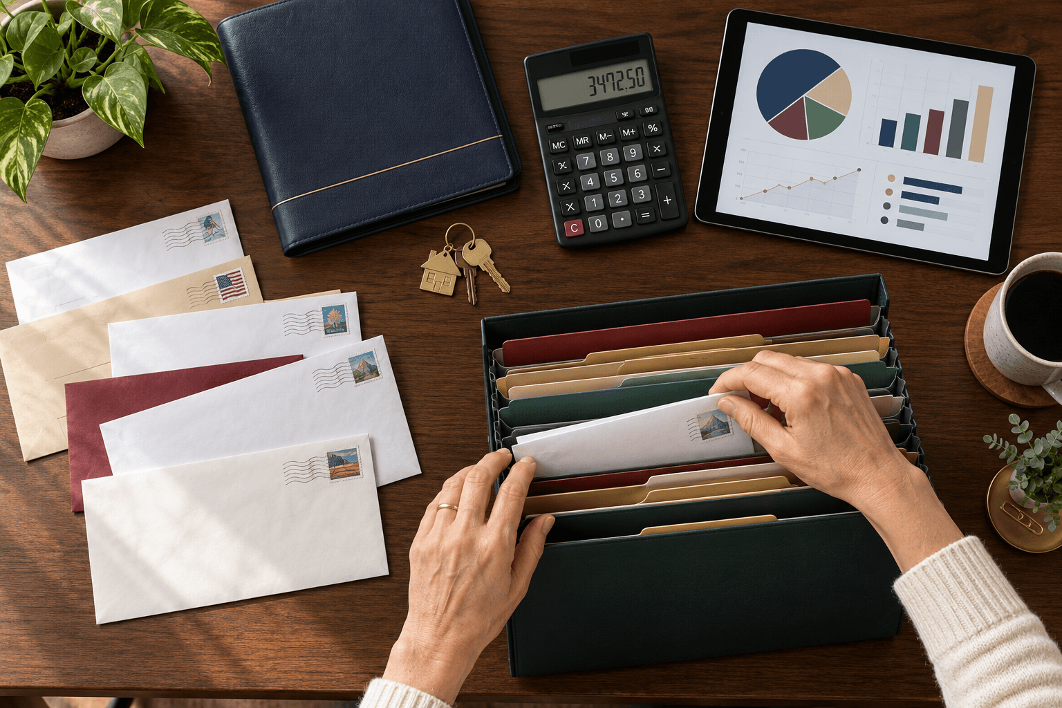 Personal representative organizing creditor mail, financial records, and property information during Colorado probate.