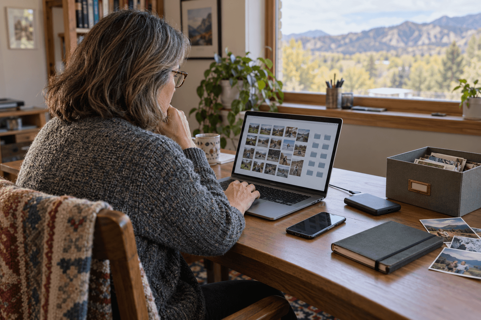 Colorado woman organizing digital photographs and online files at her home computer.