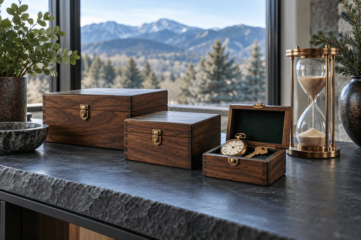 Three secured wooden boxes beside an hourglass, with one box open to reveal a pocket watch and house key.